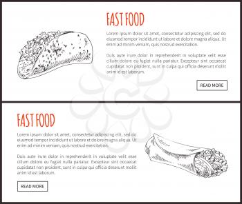 Fastfoot posters set with Mexican taco dish and hot dog. Meal with sausage and vegetables. Monochrome sketches outline takeaway vector illustration