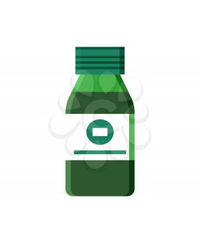 Glass bottle of medical syrup for sore throat. Liquid medicament from cold. Medicine in solid container cartoon vector illustration isolated on white.