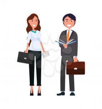 Business people elegant woman with briefcase and man with open book and leather handbag, dressed in formal wear, vector illustration managers on meeting