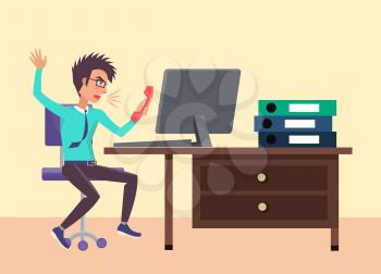 Angry businessman shouting at phone on secretary, male working in office irritated and stressed, business person expressing anger vector illustration
