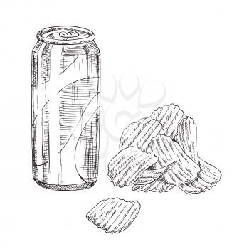 Hand drawn soda can with chips vector monochrome illustration. Fast food badge sketch style for brochures and restaurant menu, cafe cover template