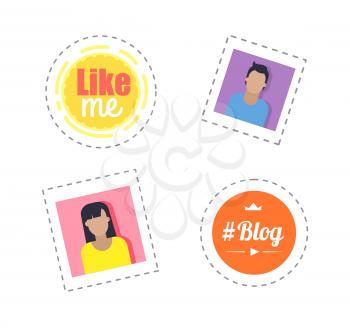 Blogger day thought bubbles and profile pictures stickers vector. Isolated patches with man and woman, like me icon. Male and female people on photo