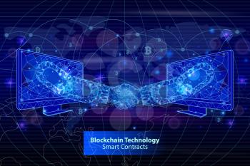 Blockchain technology smart contract poster vector. Handshaking of people working in same field, business and profit benefit in cryptocurrency finance