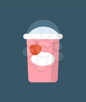 Paper package of yoghurt cartoon style isolated vector icon. Carton pack with transparent plastic cover, natural healthy beverage with cherry flavor