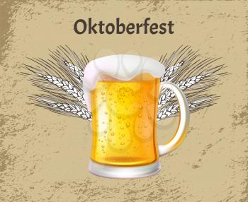 Oktoberfest poster craft beer with foam in big glass mug on sketchy backdrop with ears of wheat. Low alcohol drink made of organic hop and barley 3D vector