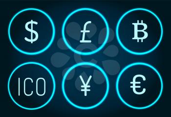 Bitcoin and pound sterling ico technology icons vector. Chinese Yen and european euro, American dollar and cryptocurrency financial virtual assets