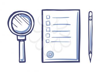 Magnifying glass, office paper icon and sharp pencil isolated vector. Document list with font signs, written scribble text on sheet, file with notes