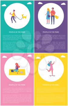 People in park poster girl skateboarding, rest outdoors sitting on rug poster with text. Man walking with dog pet on leash, young couple together vector