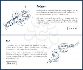 Lobster and eel marine creatures as seafood flat vector illustration in sketch style. Nautical information landing page on white with text sample.