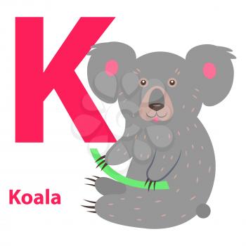 Funny gray koala with letter K alphabet poster. Wild animal holding green stem. Educational card for learning English. Vector illustration of colorful typography flat design, kindergarten poster.