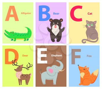 Zoo ABC english alphabet concept with latin letters and funny cartoon wild, domestic animals flat vectors on colorful backgrounds with caption for children book, textbook illustrations