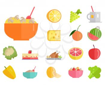Delicious meals, fresh juicy fruits and healthy organic vegetables cartoon vector illustrations set on white background.