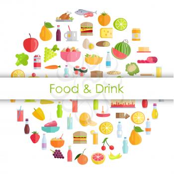Food and drinks round banner with different meals and beverages vector illustration in flat style. Grocery products, refreshing drink, organic fruits and vegetables formed in circle