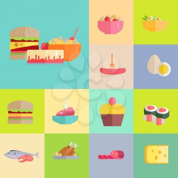 Delicious meals, sweet desserts, fast food, tasty salads, cooked poultry, fresh fish and Chinese sushi vector illustrations set.