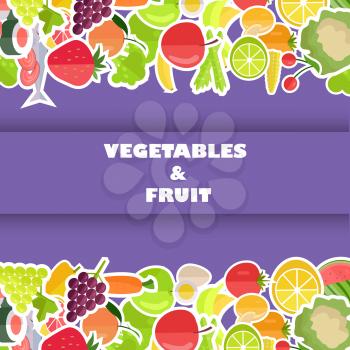 Vegetables and fruit banner with text on purple background. Vector illustration of yummy berries, vegetarian meal and ripe organic citruses