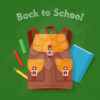 Back to school. Brown backpack with two pockets. Orange pieces of cloth. School objects behind. Green ruler, blue notebook, red and yellow pencil. Illustration in cartoon style. Flat design. Vector