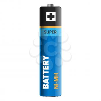 Super powerful and compact battery isolated on white. Qualitative energy container for long time usage of electronic devices. Small galvanic appliance to refill power content vector illustration.