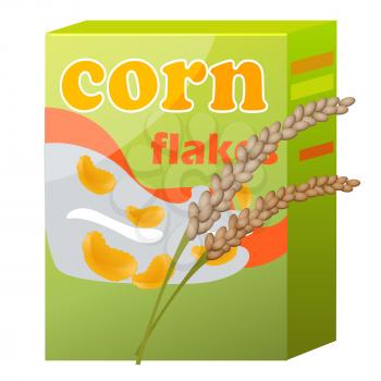 Corn flakes green paper packaging isolated on white. Vector colorful illustration of pack with healthy cereals food for breakfast.