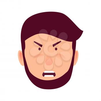 Angry male cartoon character vector illustration. Bearded man with heavily frowned eyebrows and wide open mouth with teeth isolated on white background. Human emotion of irritation and rage.