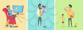 Set of fatherhood conceptual vector banners. Flat design. Smiling man playing in barber, sports, resting at home with his son and daughter. Father day celebrating. Family values and relationships.