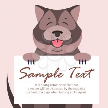 Cute Chow-Chow with closed eyes and open maw holds signboard with text isolated on peach background. Friendly dog breed vector illustration. Cartoon fluffy domestic animal with nice character.