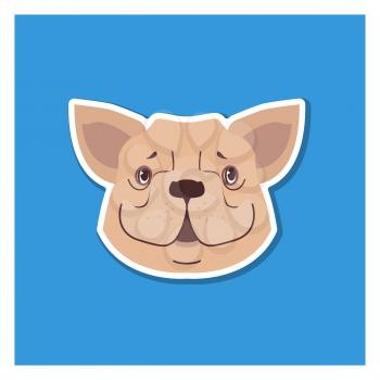 Canine smiling face of French Bulldog drawn icon on blue background. Breed of dogs with short muzzle, flat forked nose, wide cloven upper lip, stoating ears. Vector illustration in cartoon style.
