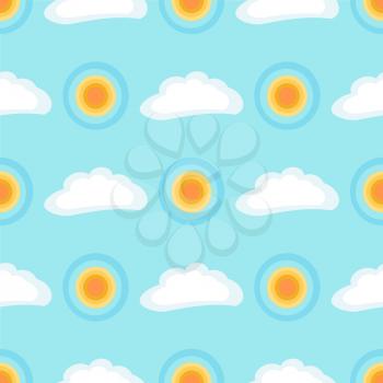 Seamless pattern with sun and cloud on blue background vector illustration. Blue sky and white clouds endless texture cartoon style