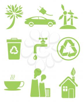 Set of icons in clean environment concept. Electrocar sign, windmill recycling sign, air pollution, saving of fresh water and stop smog symbols