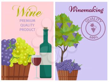 Wine of 100 premium quality promotional poster with bottle, full glass, wooden basket of grapes and tree with fruits vector illustrations.