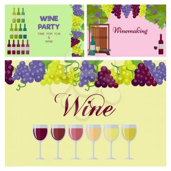 Wine party poster of three parts with full glasses line, bottle triangular, many grapes and wooden barrel. Vector poster of winemaking