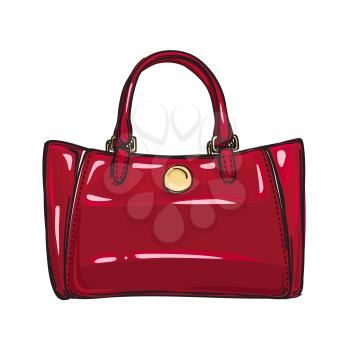Fashionable red women bag with gold clasp isolated on background. Fashionable accessory for chic, elegant and casual outfits. Vector illustration of spacious and glamorous handbag.