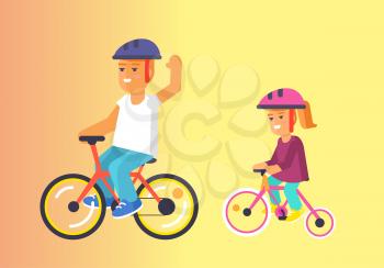 Brother and sister riding on bikes in helmets vector illustration on yellow background. Happy children spending time together