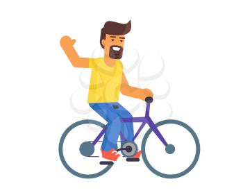 Bearded man riding on bike vector illustration isolated on white. Spending leisure time going in active sport. Happy father on bicycle
