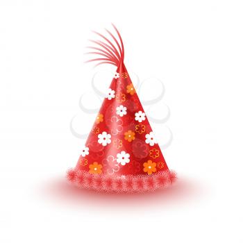 Bright red festive cap with flowers and tassel isolated on white background. Funny party accessory vector illustration. Holiday headgear for festive mood and having fun. Dress up for celebration.