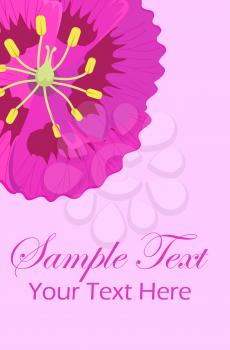 Greeting leaflet with purple viola flower in top corner and sample text inscription in centre on pink background vector illustration