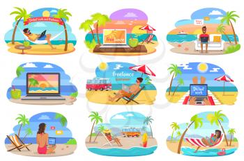 Distant work and freelance during summer on holidays at seaside in recliner, hammock attached to palms, on sand with laptop vector illustrations set.