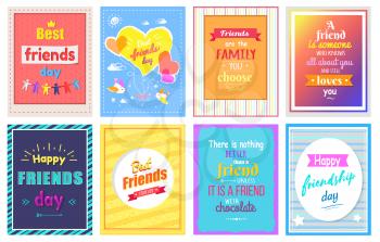 Happy Friendship day greeting cards colorful vector collection. Best wishes for real friend on posters with decorative elements
