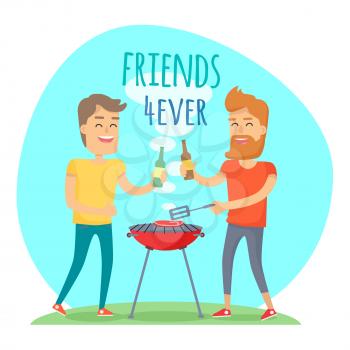 Two man with drink fried meat on barbecue in summer sunny day. Friends forever has funny free time in cartoon style. Boy with beard holding bottle of beer cheers another male vector illustration