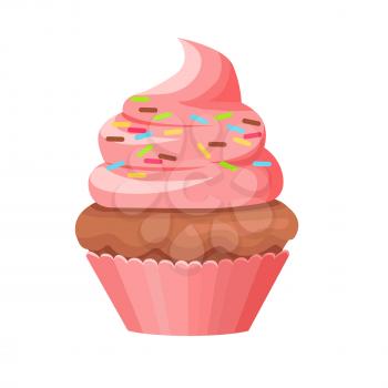 Cupcake with chocolate biscuit and swirl topping cream with caramels isolated on white. Baked cake with filling and pink airy flesh in simple cartoon style. Light baking sweet vector illustration