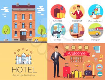 Hotel working indoor with receptionist presenting luggage and other, building outdoor with taxi cab and round service label vector poster