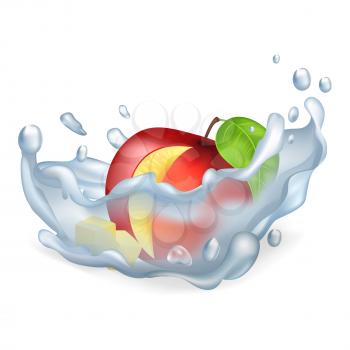 Cut ripe red apple with leaf drops in clean water with big splash isolated realistic vector illustration on white background.
