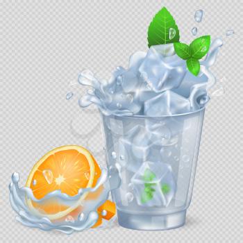 Faceted glass of water with lot of ice, fresh orange fruit and green spearmint isolated vector illustration on transparent background.