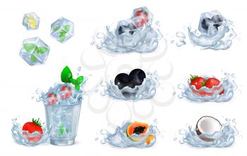 Cool drink with ice, fresh mint and sweet strawberries vector illustration. Half of coconut, tropical papaya and forest blueberries drop in water.