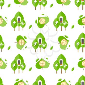Seamless pattern with trees, battery signs, globe icon and charging symbol. Concept of using environmentally safe sources of power