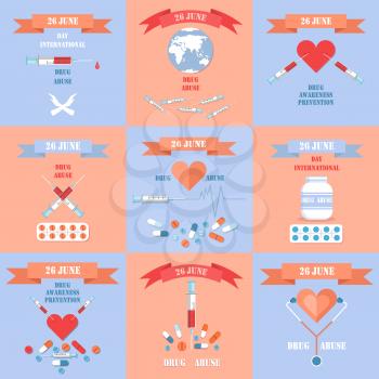 International Day Against Drug Abuse posters set. Syringes with blood and empty, red hearts, colorful pills and Earth vector illustrations.