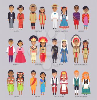 Young couples in traditional clothes presenting their native countries. International people day template vector colorful illustration