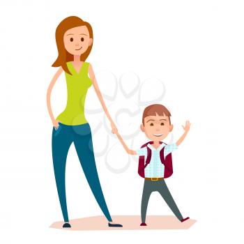 Pretty mother leads small son with red schoolbag on back to school or to classes. Schoolboy sends greeting by hand vector illustration.