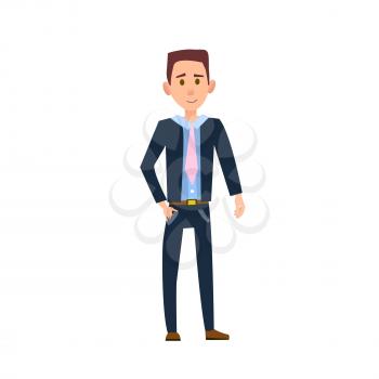 Male character with slight smile in navy jacket, blue shirt, pink tie and belted jeans isolated vector illustration on white background.