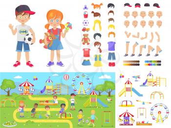 Little children and summer playground constructors with full landscape and separate parts of colorful swings and childrens parts vector illustrations.
