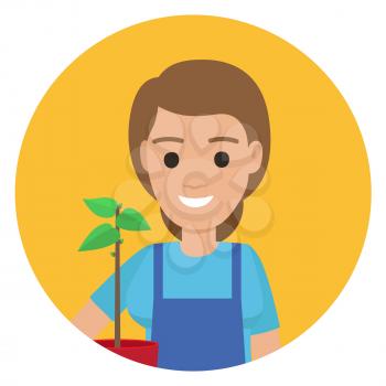 Happy gardener in navy apron and verdant green plant in red pot in vector illustration. Smiling woman in blue uniform with flowers